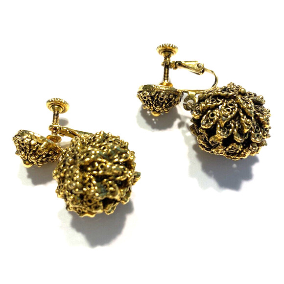 Vintage Mid Century Clip On Earrings Gold Textured Ball Drop & Dangle Hollywood - Picture 3 of 7